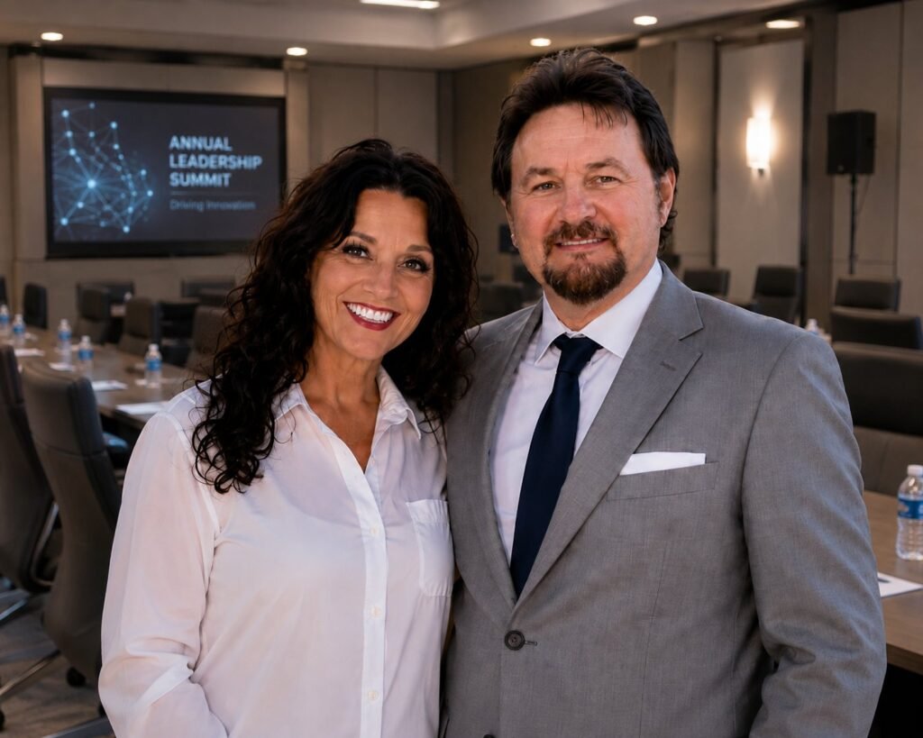 Eddie Crunk and Arlene Walker, owners of Crunk AV Solutions, in a corporate boardroom with a presentation screen and speaker setup
